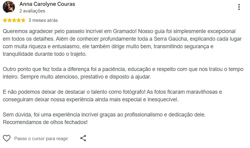 Avaliação de cliente sobre o passeio
