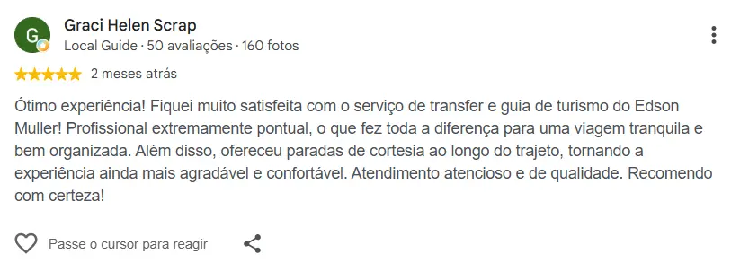 Avaliação de cliente sobre o passeio