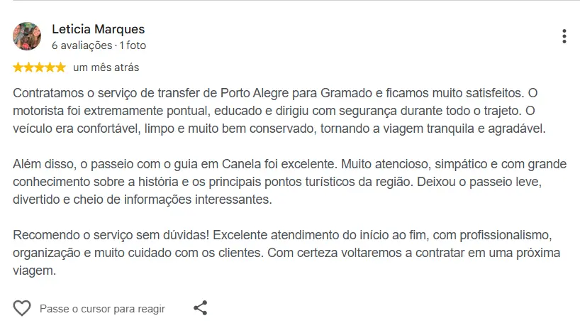 Avaliação de cliente sobre o passeio