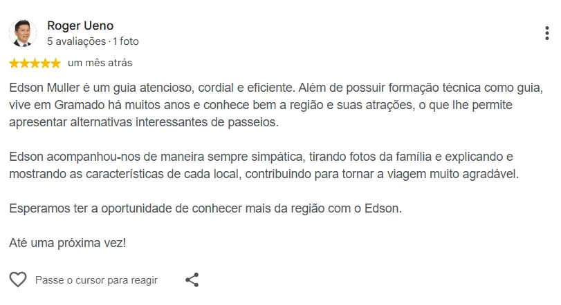 Avaliação de cliente sobre o passeio